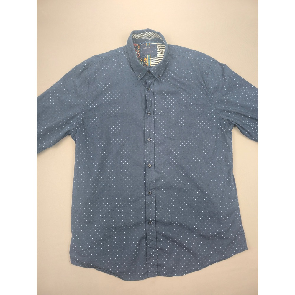 Denim & Flower Ricky Singh Blue Polka Dot Floral Trim Stretch Shirt - Large